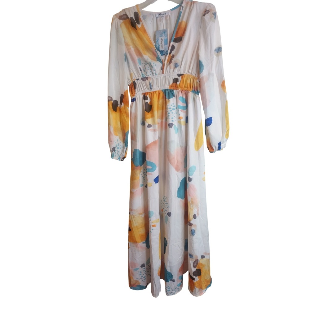 Sissyaki Abstract Watercolor Maxi Dress V-Neck Smocked Waist Long Sleeve White S